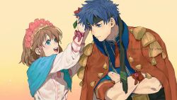 Rule 34 | 1boy, 1girl, 91007, :d, artist name, black headband, blue eyes, blue hair, brown hair, closed mouth, commentary, crossed arms, fire emblem, fire emblem: path of radiance, flower, gradient background, hair tubes, head wreath, headband, highres, ike (fire emblem), mist (fire emblem), nintendo, open mouth, pink flower, pink rose, rose, short hair, simple background, smile, symbol-only commentary, tassel, teeth, twitter username, upper teeth only, yellow background