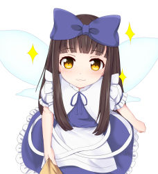 Rule 34 | 1girl, :3, apron, blue dress, bow, brown eyes, brown hair, commentary request, dress, fairy, fairy wings, from above, hair bow, long hair, looking up, p.w., pov, ribbon, shirt tug, smile, solo, sparkle, star sapphire, touhou, waist apron, wings