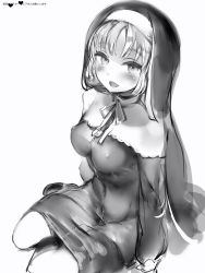 Rule 34 | 1girl, :d, bad id, bad pixiv id, blush, breasts, covered erect nipples, covered navel, greyscale, habit, highres, looking at viewer, medium breasts, monochrome, nanashi (nlo), neck ribbon, nijisanji, no bra, nun, open mouth, ribbon, simple background, sister claire, sister claire (1st costume), sitting, smile, solo, veil, virtual youtuber, white background, yokozuwari