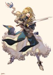 Rule 34 | 1girl, armor, blonde hair, braid, dress, fantasy, full body, highres, holding, holding sword, holding weapon, kotatsu (g-rough), long hair, looking at viewer, original, simple background, solo, standing, sword, weapon, white background
