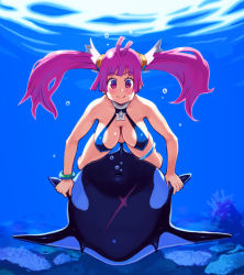 Rule 34 | 1girl, breasts, bubble, caustics, covered erect nipples, fangs, freediving, horns, large breasts, long hair, orca, original, pink eyes, pink hair, puffy cheeks, ryoji (nomura ryouji), scar, smile, solo, star (symbol), swimsuit, twintails, underwater