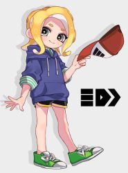 Rule 34 | 1girl, baseball cap, black shorts, blonde hair, blue shirt, closed mouth, commentary, cross-laced footwear, dolphin shorts, drawstring, green footwear, grey background, grey eyes, gym shorts, hat, hood, hood down, hoodie, logo, long sleeves, looking at viewer, maco spl, makeup, medium hair, nintendo, octoling, octoling girl, octoling player character, pointy ears, red hat, shadow, shirt, shoes, short shorts, shorts, simple background, smile, sneakers, solo, standing, suction cups, tentacle hair, toes up