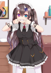 Rule 34 | 1girl, black bow, black dress, black ribbon, blue bow, blush, bow, brown hair, clenched teeth, collared shirt, commentary request, dress, fangs, finger in own mouth, frilled dress, frills, green eyes, hair between eyes, hair ribbon, heterochromia, horn bow, horn ornament, horns, indoors, long hair, looking at viewer, maid headdress, original, pantyhose, pleated dress, puffy short sleeves, puffy sleeves, purple eyes, ribbon, shirt, short sleeves, sleeveless, sleeveless dress, solo, standing, teeth, tukino neru, two side up, very long hair, white pantyhose, white shirt, wrist cuffs