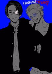 Rule 34 | 2boys, blue-tinted eyewear, blue background, buttons, collarbone, collared jacket, collared shirt, copyright name, earrings, english text, eyepatch, eyewear strap, fingernails, gakuran, glasses, greyscale with colored background, hair behind ear, hair slicked back, hatta ayuko, high &amp; low, high &amp; low: the worst, highres, jacket, jewelry, lips, long sleeves, looking at viewer, male focus, medical eyepatch, multiple boys, nose, odajima yuuken, one eye covered, open clothes, open jacket, open mouth, parted hair, rectangular eyewear, rimless eyewear, round eyewear, school uniform, serious, shirt, short hair, short ponytail, side-by-side, simple background, single earring, sleeveless, sleeveless shirt, smile, spot color, straight hair, teeth, tinted eyewear, todoroki yousuke, unbuttoned, upper body, upper teeth only