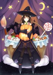 Rule 34 | 1girl, absurdres, bat (animal), black hair, black pantyhose, blush, boots, broom, candy, cat, curtains, dress, food, hair ornament, halloween, hat, highres, hug, lollipop, long hair, looking at viewer, moon, one eye closed, original, pantyhose, pumpkin, red eyes, smile, solo, star (symbol), swept bangs, tsuchikure, witch, witch hat