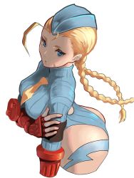 Rule 34 | 1girl, ahoge, ass, blonde hair, blue eyes, blue hat, blue leotard, bodypaint, braid, breasts, cammy white, commentary request, cowboy shot, cropped arms, cropped legs, fingerless gloves, garrison cap, gloves, hat, heattech leotard, highleg, highleg leotard, highres, huge ahoge, large breasts, leotard, lightning bolt symbol, long hair, looking at viewer, meke (77842928), red gloves, ribbed leotard, shadaloo dolls, simple background, solo, street fighter, street fighter zero (series), turtleneck, twin braids, white background