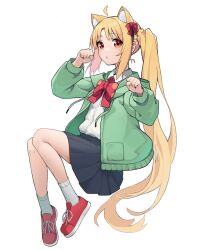 Rule 34 | 1girl, ahoge, animal ears, blonde hair, blue skirt, bocchi the rock!, bow, cat ears, collared shirt, detached ahoge, full body, ijichi nijika, irain, jacket, long hair, long sleeves, open mouth, paw pose, pleated skirt, red bow, red eyes, red footwear, school uniform, shirt, shoes, side ponytail, sidelocks, simple background, sitting, skirt, sneakers, socks, solo, white background, white shirt, white socks