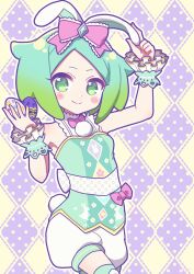Rule 34 | 1girl, animal ears, argyle, argyle background, argyle clothes, arm up, bare shoulders, blue hair, bow, breasts, closed mouth, cowboy shot, easter, easter egg, egg, fake animal ears, gradient hair, green eyes, green hair, green shirt, hair bow, hand up, highres, holding, holding egg, idol time pripara, koyoshi yoko, looking at viewer, multicolored hair, nijiiro nino, pink bow, pretty series, pripara, rabbit ears, rabbit tail, shirt, short hair, shorts, sleeveless, sleeveless shirt, small breasts, smile, solo, standing, tail, white shorts, wrist cuffs