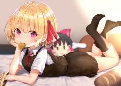 Rule 34 | 1girl, bed, black hair, black skirt, black socks, black vest, blonde hair, blurry, blurry background, blush, blush stickers, boned meat, bow, bread, commentary request, artistic error, food, hair bow, hair ribbon, hair tubes, hakurei reimu, hand up, head rest, highres, indoors, kneehighs, legs up, looking at viewer, lying, meat, miniskirt, mouth hold, neck ribbon, no shoes, on stomach, pleated skirt, red bow, red eyes, red ribbon, ribbon, rumia, shadow, shirt, short hair, short sleeves, skirt, skirt set, socks, solo, the pose, thighs, touhou, vest, white shirt, wing collar, wowoguni, wrong foot