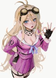 Rule 34 | 1girl, absurdres, ahoge, antenna hair, barbed wire, black choker, black gloves, blonde hair, blue eyes, blush, breasts, choker, cleavage, commentary request, danganronpa (series), danganronpa v3: killing harmony, fingerless gloves, gloves, goggles, goggles on head, hair between eyes, hand on own hip, hand up, highres, iruma miu, large breasts, long hair, long sleeves, looking at viewer, ok sign, open mouth, pink shirt, pink skirt, pleated skirt, shirt, simple background, skirt, smile, solo, tama rick, thigh strap, white background