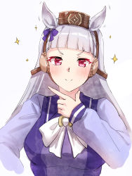 Rule 34 | 1girl, absurdres, animal ears, blunt bangs, blush, bow, brown headwear, foxyreine, gold ship (umamusume), hair bow, highres, horse ears, long hair, long sleeves, looking at viewer, purple bow, red eyes, silver hair, simple background, smile, solo, sparkle, umamusume, upper body, very long hair, white background, white bow