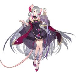 Rule 34 | 1girl, absurdly long hair, animal ears, anklet, ark order, black dress, bracelet, breasts, cage, detached sleeves, dress, earrings, fire, flower, frilled sleeves, frills, full body, gold trim, grey hair, hair flower, hair ornament, hair over one eye, hair rings, hair stick, hatoyama itsuru, high heels, holding, holding cage, holding smoking pipe, jewelry, large breasts, lipstick, long hair, long sleeves, low-tied long hair, makeup, mouse (animal), mouse ears, mouse girl, mouse tail, official art, pink eyes, pink flower, pink lips, pink nails, purple fire, rat (ark order), red footwear, shawl, shoes, smoking pipe, solo, tachi-e, tail, tassel, tassel earrings, transparent background, underwear, very long hair, wide sleeves