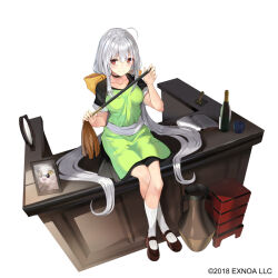 Rule 34 | 1girl, ahoge, apron, book, bottle, breasts, commentary request, crossed legs, desk, dreamlight2000, from above, gemini seed, grey hair, long hair, looking at viewer, medium breasts, official art, open book, portrait (object), red eyes, simple background, sitting, solo, tachi-e, white background, wine bottle