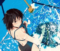 Rule 34 | 1girl, absurdres, adjusting clothes, adjusting swimsuit, amagami, black eyes, black hair, black one-piece swimsuit, blue one-piece swimsuit, breasts, broom, cleaning, cleavage, commentary, competition swimsuit, from above, highres, hose, huge filesize, irodori-classical, looking at viewer, looking up, messy hair, nanasaki ai, one-piece swimsuit, pool, short hair, small breasts, smile, solo, standing, swimsuit, two-tone swimsuit, wading