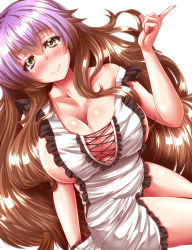 Rule 34 | 1girl, apron, arm support, blonde hair, blush, breasts, cleavage, collarbone, dutch angle, frills, gradient hair, highres, hijiri byakuren, large breasts, long hair, looking at viewer, multicolored eyes, multicolored hair, naked apron, purple eyes, purple hair, simple background, smile, solo, strap slip, touhou, very long hair, white background, yellow eyes, zan (harukahime)