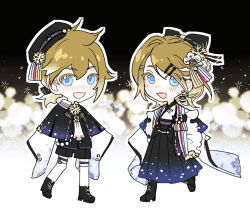 Rule 34 | 1boy, 1girl, alternate costume, belt, black background, black bow, black capelet, black footwear, black headwear, black shirt, black shorts, black skirt, blonde hair, blue belt, blue eyes, blush stickers, boots, bow, capelet, chibi, collar, collared capelet, colored eyelashes, commentary request, cross-laced footwear, earrings, eknow, frilled kimono, frills, hair bow, hair ornament, hairclip, hakama, hakama skirt, hat, japanese clothes, jewelry, kagamine len, kagamine rin, kimono, knee boots, long sleeves, looking at viewer, low ponytail, mini hat, musical note brooch, necktie, open mouth, ribbon-trimmed bow, shirt, short hair, short ponytail, shorts, siblings, skirt, smile, snow print, snowflake hair ornament, snowflake print, snowflakes, snowing, thigh belt, thigh strap, thighhighs, two-tone background, vocaloid, white background, white collar, white kimono, white necktie, white thighhighs, wide sleeves