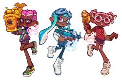 Rule 34 | 1boy, 2girls, aerospray (splatoon), blue hair, boots, closed mouth, commentary, commission, cross-laced footwear, dark-skinned female, dark skin, english commentary, eyelashes, full body, glasses, goggles, goggles on head, inkling girl, inkling player character, leggings under shorts, long hair, multiple girls, nintendo, octoling boy, octoling player character, open mouth, pink hair, pointy ears, rainmaker (splatoon), red-tinted eyewear, red eyes, shoes, short hair, simple background, smile, splash-o-matic (splatoon), splatoon (series), splatoon 3, standing, standing on one leg, teeth, tentacle hair, thick eyebrows, tinted eyewear, tokkibada, upper teeth only, white-framed eyewear, white background, white footwear