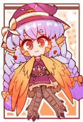 Rule 34 | 1girl, :3, absurdres, animal ears, belt, bird ears, bird legs, bow, braid, chibi, commentary, commission, english commentary, harpy, hat, hat bow, heart, highres, long hair, looking at viewer, monster girl, nn (eogks), orange bow, orange feathers, orange wings, original, purple hair, purple hat, red eyes, solo, star-shaped pupils, star (symbol), symbol-shaped pupils, talons, twin braids, yellow pupils