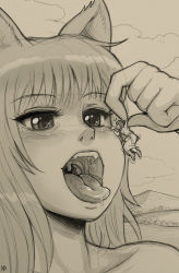 Rule 34 | 2girls, animal ears, braid, chloe (spice and wolf), cloud, flying sweatdrops, giant, giantess, holo, karbo, long hair, monochrome, multiple girls, open mouth, outdoors, saliva, signature, sketch, solo focus, spice and wolf, tongue, traditional media, trembling, uvula, vore, wolf ears
