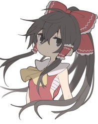 1girl ascot black_eyes black_hair bow breasts closed_mouth commentary_request expressionless frilled_bow frilled_hair_tubes frills hair_between_eyes hair_bow hair_tubes hakurei_reimu long_hair looking_at_viewer nahori_(hotbeans) ponytail red_bow red_shirt sarashi shirt sidelocks simple_background sleeveless sleeveless_shirt small_breasts solo touhou upper_body white_background yellow_ascot