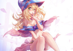 Rule 34 | 1girl, bad id, bad pixiv id, bare shoulders, bikini, blonde hair, blue hat, blue nails, breasts, cleavage, closed mouth, dark magician girl, duel monster, facial mark, facing viewer, finger to mouth, fingernails, green eyes, hair between eyes, hat, knees together feet apart, large breasts, legs, long hair, looking at viewer, midriff, mitsu (mitsu art), nail polish, navel, patreon username, smile, solo, stomach, swimsuit, wizard hat, yu-gi-oh!, yu-gi-oh! duel monsters