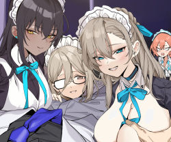 Rule 34 | 1boy, 4girls, akane (blue archive), asuna (blue archive), banssee, black hair, blue archive, blue eyes, blush, grabbing another&#039;s breast, breasts, brown eyes, dark-skinned female, dark skin, glasses, grabbing, grey hair, hair between eyes, highres, karin (blue archive), large breasts, long hair, looking at viewer, maid, maid headdress, mole, mole on breast, mole under eye, multiple girls, neru (blue archive), opaque glasses, open mouth, orange hair, partially opaque glasses, sensei (blue archive), yellow eyes