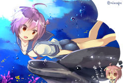 Rule 34 | 10s, 1girl, :d, ahoge, chig (mizusaki), dolphin, drooling, hair ornament, i-58 (kancolle), kantai collection, looking at viewer, open mouth, orel cruise, school swimsuit, school uniform, serafuku, short hair, smile, submerged, swimming, swimsuit, swimsuit under clothes, text focus, translation request, underwater, water