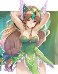 Rule 34 | 1girl, armor, armpits, arms behind head, blonde hair, bow, breasts, cleavage, commentary request, dress, forehead jewel, frilled dress, frills, ginji74, green bow, green dress, hair bow, helmet, highres, large breasts, light smile, long hair, looking at viewer, low-tied long hair, pauldrons, purple eyes, riesz, seiken densetsu, seiken densetsu 3, short dress, shoulder armor, solo, strapless, strapless dress, very long hair, winged helmet
