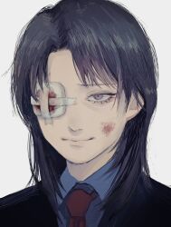 Rule 34 | 1boy, bandage over one eye, black hair, black jacket, blood, blood on face, closed mouth, collared shirt, commentary, false smile, grey eyes, grey shirt, highres, ichijou seiya, jacket, kaiji, long hair, looking at viewer, male focus, medium bangs, necktie, portrait, red necktie, shirt, simple background, smile, solo, suittyo sama, white background