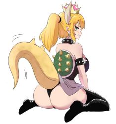 Rule 34 | 1girl, ass, bad id, bad twitter id, blonde hair, blue eyes, bowsette, breasts, clothes lift, crown, curvy, hip focus, horns, kneeling, large breasts, legs, leotard, mario (series), new super mario bros. u deluxe, nintendo, okamura (okamura086), ponytail, sharp teeth, shell, simple background, skirt, skirt lift, smile, solo, spikes, super crown, tail, teeth, thick thighs, thighhighs, thighs, white background, wide hips