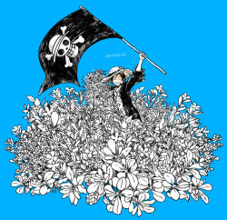 Rule 34 | 1boy, blue background, blue theme, closed eyes, dated, field, flag, flower, flower field, grin, hat, holding, holding flag, itowo (itowc), male focus, monkey d. luffy, monochrome, one piece, open clothes, open shirt, scar, scar on chest, simple background, smile, solo, straw hat