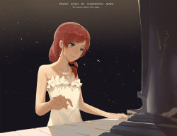 Rule 34 | 10s, 1girl, bare arms, bare shoulders, collarbone, dress, highres, huanxiang heitu, instrument, jewelry, love live!, love live! school idol project, music, necklace, nishikino maki, piano, playing instrument, playing piano, purple eyes, red hair, revision, smile, solo, strapless, strapless dress, white dress