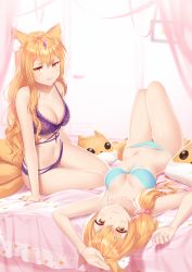 Rule 34 | 2girls, animal ear fluff, animal ears, arm support, artist name, bare arms, bare shoulders, bed, blonde hair, blue bra, blue panties, blurry, blurry foreground, bra, breasts, cleavage, collarbone, depth of field, fox ears, fox girl, fox tail, hair between eyes, hair ornament, hair scrunchie, highres, kitsune, lace, lace bra, lace panties, long hair, lying, medium breasts, multiple girls, multiple tails, navel, on back, on bed, original, panties, parted lips, pink scrunchie, purple bra, purple panties, rimuu, scrunchie, tail, underwear, underwear only, very long hair, watermark, web address, yellow eyes
