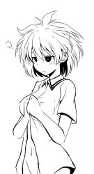 Rule 34 | 1girl, bottomless, dressing, greyscale, itamochi, kosegawa shiromi, monochrome, navel, saki (manga), short hair, simple background, sleepy, solo