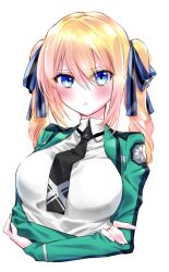 Rule 34 | 1girl, angelina kudou shields, black necktie, blonde hair, blue eyes, blue ribbon, blush, breasts, commentary request, dress, first high school uniform, green jacket, hair ribbon, highres, jacket, large breasts, looking at viewer, mahouka koukou no rettousei, mappe (778exceed), necktie, partial commentary, pout, ribbon, school uniform, simple background, solo, twintails, upper body, white background, white dress