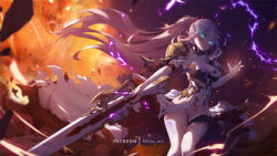 Rule 34 | 1girl, armor, blue eyes, braid, breasts, cleavage, detached sleeves, dress, floating hair, french braid, gun, high ponytail, holding, holding gun, holding weapon, large breasts, long hair, long sleeves, mitsu (mitsu art), open mouth, panties, pantyhose, pink hair, rifle, shionne (tales), shoulder armor, sleeveless, sleeveless dress, solo, tales of (series), tales of arise, thigh gap, thighhighs, torn clothes, torn dress, underwear, very long hair, waist cape, weapon, white dress, white panties, white sleeves, white thighhighs