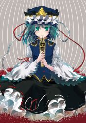 Rule 34 | 1girl, black hat, blue vest, closed mouth, commentary request, epaulettes, frilled hat, frills, green eyes, green hair, grey background, hat, holding, kapuchii, long sleeves, looking at viewer, petticoat, ribbon-trimmed skirt, ribbon trim, rod of remorse, shiki eiki, short hair, smile, solo, standing, touhou, vest, wide sleeves