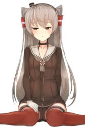 Rule 34 | 10s, 1girl, amatsukaze (kancolle), bad id, bad pixiv id, black panties, blush, brown eyes, collarbone, dress, frown, garter straps, gloves, guanhian, hair tubes, highres, kantai collection, long hair, long sleeves, looking away, looking to the side, panties, pantyshot, sailor dress, short dress, silver hair, simple background, sitting, solo, striped clothes, striped thighhighs, thighhighs, two side up, underwear, white background, white gloves