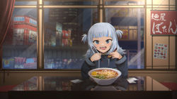 Rule 34 | 1girl, absurdres, advarcher, blue eyes, blue hair, blue hoodie, blunt bangs, bowl, chopsticks, city, cityscape, drooling, eating, food, gawr gura, hair ornament, highres, holding, holding chopsticks, holding spoon, hololive, hololive english, hood, hoodie, indoors, long sleeves, medium hair, mouth drool, multicolored hair, noodles, open mouth, ramen, reflection, reflective table, restaurant, scenery, shark girl, shark hair ornament, sharp teeth, sidelocks, silver hair, solo, spoon, streaked hair, table, teeth, two side up, virtual youtuber, wide sleeves