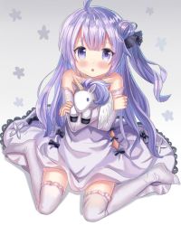 Rule 34 | 1girl, :o, ahoge, ame sagari, azur lane, black bow, black ribbon, blush, bow, commentary request, detached sleeves, dress, hair bun, hair ribbon, halterneck, long hair, long sleeves, looking at viewer, no shoes, hugging object, one side up, parted lips, purple eyes, purple hair, ribbon, side bun, single hair bun, single side bun, sitting, solo, stuffed animal, stuffed pegasus, stuffed toy, stuffed unicorn, stuffed winged unicorn, thighhighs, unicorn (azur lane), very long hair, wariza, white dress, white thighhighs
