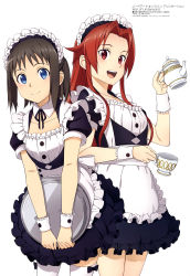 Rule 34 | 2girls, absurdres, apron, black hair, black shirt, blouse, blue eyes, bow legwear, copyright name, cowboy shot, cup, dated, detached collar, from side, hair intakes, highres, jiang yifan, legs apart, legs together, maid, maid apron, maid cafe, maid headdress, megami magazine, miniskirt, multiple girls, red eyes, red hair, ronye arabel, shirt, skirt, standing, sword art online, sword art online: alicization, sword art online: alicization - war of underworld, teacup, teapot, teeth, thighhighs, tiese schtrinen, two side up, upper teeth only, white legwear