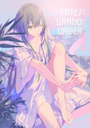 Rule 34 | 1other, androgynous, artist name, bare legs, barefoot, collarbone, commentary request, copyright name, dated, enkidu (fate), fate/grand order, fate (series), fingers together, flat chest, from above, green eyes, green hair, hair between eyes, interlocked fingers, knee up, light green hair, long hair, looking at viewer, one eye closed, own hands clasped, own hands together, plant, robe, sidelocks, sitting, solo, toes, toga, trap, unbuttoned, white robe, wide sleeves, yamakawa