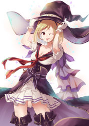 Rule 34 | 1girl, ;p, bad id, bad pixiv id, black footwear, black hat, blonde hair, boots, breasts, brown eyes, bustier, cleavage, collarbone, djeeta (granblue fantasy), frilled shirt, frills, gloves, granblue fantasy, hat, looking at viewer, medium breasts, miniskirt, neckerchief, one eye closed, pleated skirt, red neckerchief, shiny skin, shirt, short hair, short sleeves, skirt, solo, standing, thigh boots, thighhighs, tongue, tongue out, waist cape, white background, white gloves, white shirt, white skirt, witch hat, yue (lov n n), zettai ryouiki