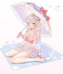 Rule 34 | absurdres, bad id, bad pixiv id, bare legs, bikini, bow, breasts, cleavage, eyebrows, highres, holding, holding umbrella, jewelry, large breasts, looking at viewer, neck ring, one eye closed, original, parayang, sandals, short hair, silver hair, solo, swimsuit, toes, umbrella