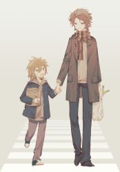 Rule 34 | 2boys, :d, bag, blonde hair, blue jacket, brown coat, brown hair, brown hoodie, brown pants, child, chinese commentary, closed mouth, coat, crosswalk, fang, father and son, food, green eyes, grey pants, hair between eyes, happy, harada minoru, highres, holding, holding bag, holding hands, hood, hood down, hoodie, isoi reiji, jacket, lapels, long sleeves, lsqmsukiki, multiple boys, notched lapels, open clothes, open coat, open jacket, open mouth, pants, paper bag, plaid, plaid scarf, plastic bag, pocket, red eyes, ribbed sweater, saibou shinkyoku, scarf, shoes, short hair, sketch, smile, sneakers, spring onion, sweater, vegetable, walking, yellow sweater