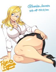 Rule 34 | 1girl, agawa ryou, ahoge, bad id, bad tumblr id, black footwear, black skirt, blonde hair, blue eyes, borrowed character, breasts, cleavage, full body, glasses, hair ornament, hairclip, head tilt, high heels, id card, impossible clothes, impossible shirt, jewelry, large breasts, light smile, lips, long hair, looking at viewer, lying, miniskirt, name tag, office lady, on side, original, pendant, red-framed eyewear, semi-rimless eyewear, shirt, skirt, sleeves pushed up, smile, solo, stiletto heels, thick thighs, thighs, under-rim eyewear