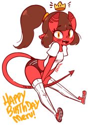 Rule 34 | 1girl, :d, artist name, between legs, blush, borrowed character, brown hair, buruma, chibi, colored skin, commentary, crown, demon girl, demon tail, diives, english commentary, fangs, food, fruit, full body, hand between legs, happy birthday, highres, horns, long hair, looking at viewer, meruccubus (merunyaa), open mouth, orange (fruit), original, pointy ears, ponytail, red skin, short sleeves, simple background, smile, solo, tail, tail between legs, thighhighs, white background, white thighhighs