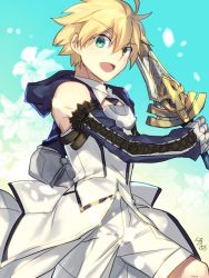 Rule 34 | 1boy, aqua background, armor, arthur pendragon (fate), artoria pendragon (all), artoria pendragon (fate), asymmetrical sleeves, bare shoulders, blonde hair, blue sky, bracer, breastplate, coat, cosplay, cowboy shot, cross-laced clothes, day, detached sleeves, excalibur (fate/prototype), fate/stay night, fate (series), flower, gauntlets, genderswap, genderswap (ftm), gold trim, gradient background, green eyes, holding, holding sword, holding weapon, hood, knee up, koame 6, lily (flower), looking at viewer, magical boy, male focus, mismatched sleeves, nikame, overcoat, saber (fate), saber lily, saber lily (cosplay), shorts, simple background, sky, solo, sword, weapon, white shorts