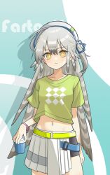 Rule 34 | 1girl, alternate costume, arknights, breasts, bright pupils, character name, cowboy shot, cup, drop shadow, fartooth (arknights), feather hair, green shirt, grey hair, hair between eyes, hat, highres, holding, holding cup, jiuyu qame, long hair, looking at viewer, midriff, navel, one side up, shirt, short sleeves, simple background, skirt, small breasts, solo, t-shirt, white hat, white pupils, white skirt, yellow eyes