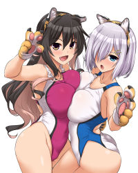 Rule 34 | 2girls, absurdres, animal ear fluff, animal ears, animal hands, black hair, blue eyes, blush, breast press, breasts, competition swimsuit, covered navel, cowboy shot, fake animal ears, fang, fangs, gloves, hair ornament, hair over one eye, hairband, hairclip, hamakaze (kancolle), highleg, highleg swimsuit, highres, kantai collection, large breasts, long hair, looking at viewer, multicolored hair, multiple girls, naganami (kancolle), one-piece swimsuit, open mouth, paw gloves, pink hair, purple one-piece swimsuit, short hair, silver hair, simple background, swimsuit, symmetrical docking, tail, tiger ears, tiger tail, two-tone hair, wavy hair, white background, yoshi tama